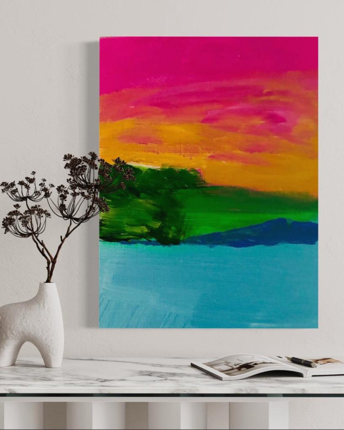 Neon Sunset Over Bright Teal Water Abstract Color Block Art Poster