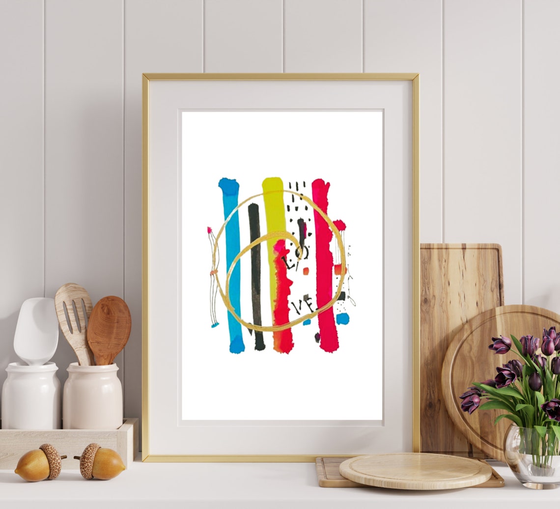 Playful Colorful Watercolor Stripes Gold Circle Abstract Poster