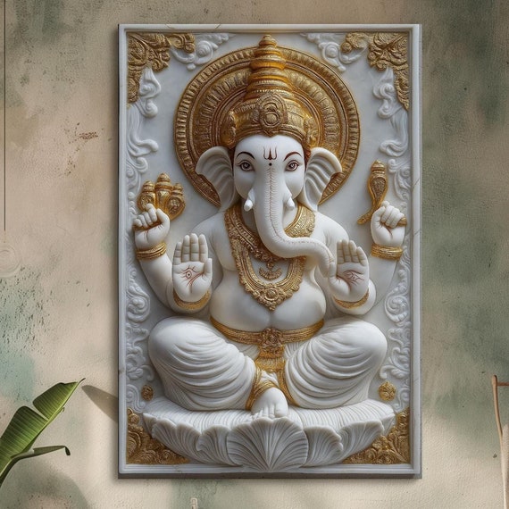 Ganesh 3d Illusion Print White Marble Ganesha Statue Art Hindu Spiritual Wall Decor Modern Indian God Art Ready To Hang