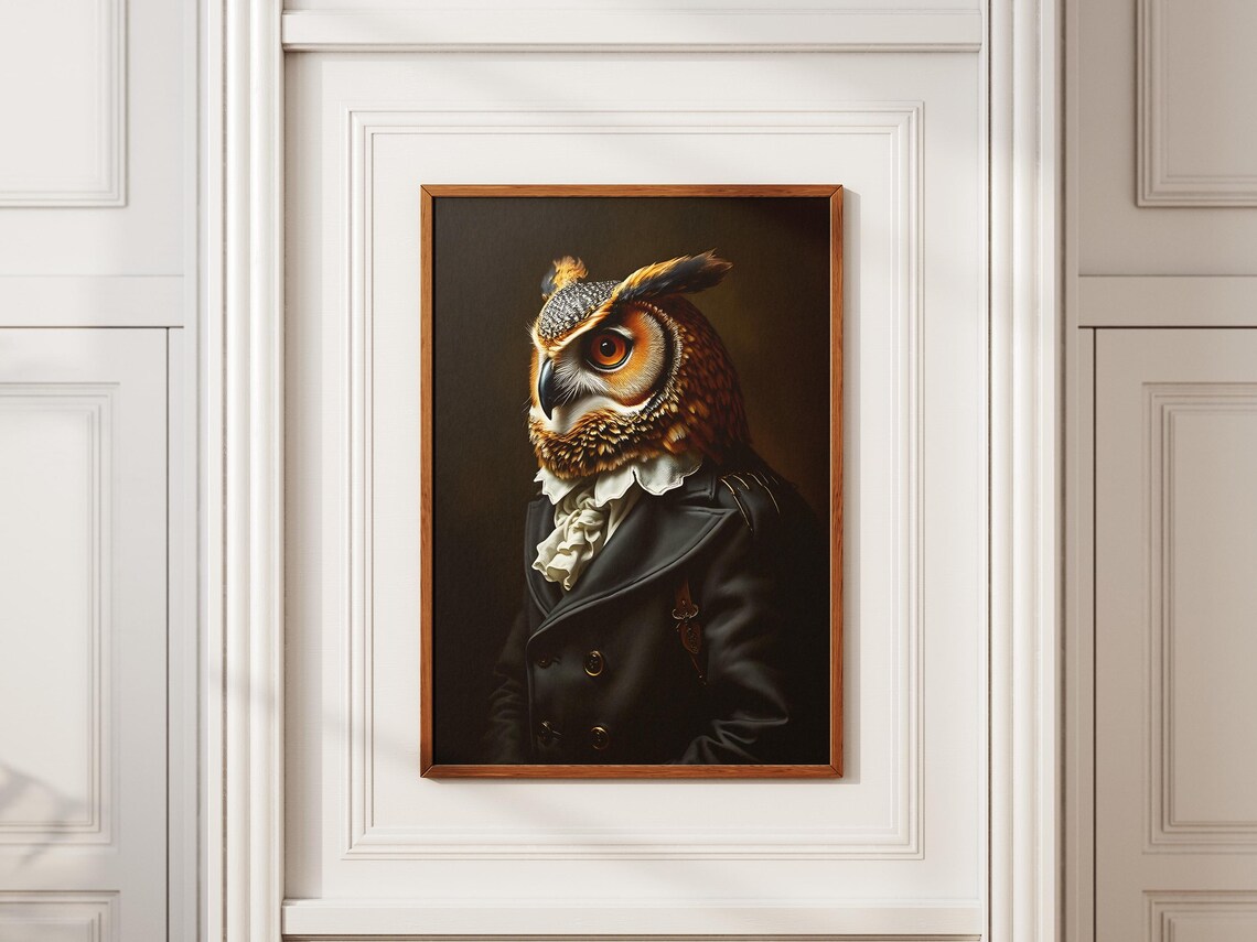 Regal Owl Wearing Coat Victorian Style Animal Portrait Art Print