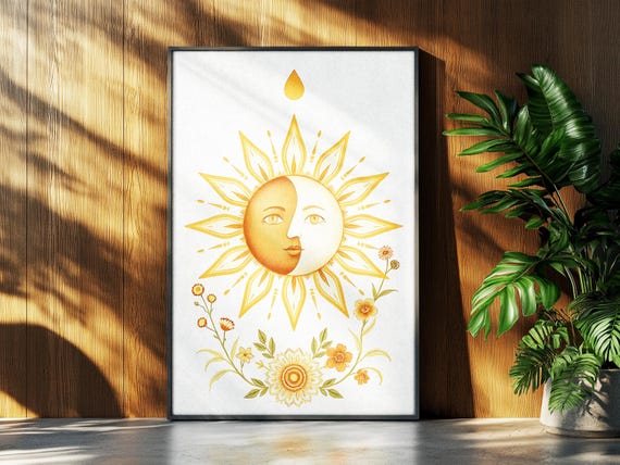 Sun And Moon Celestial Face Print Boho Beige Star Art