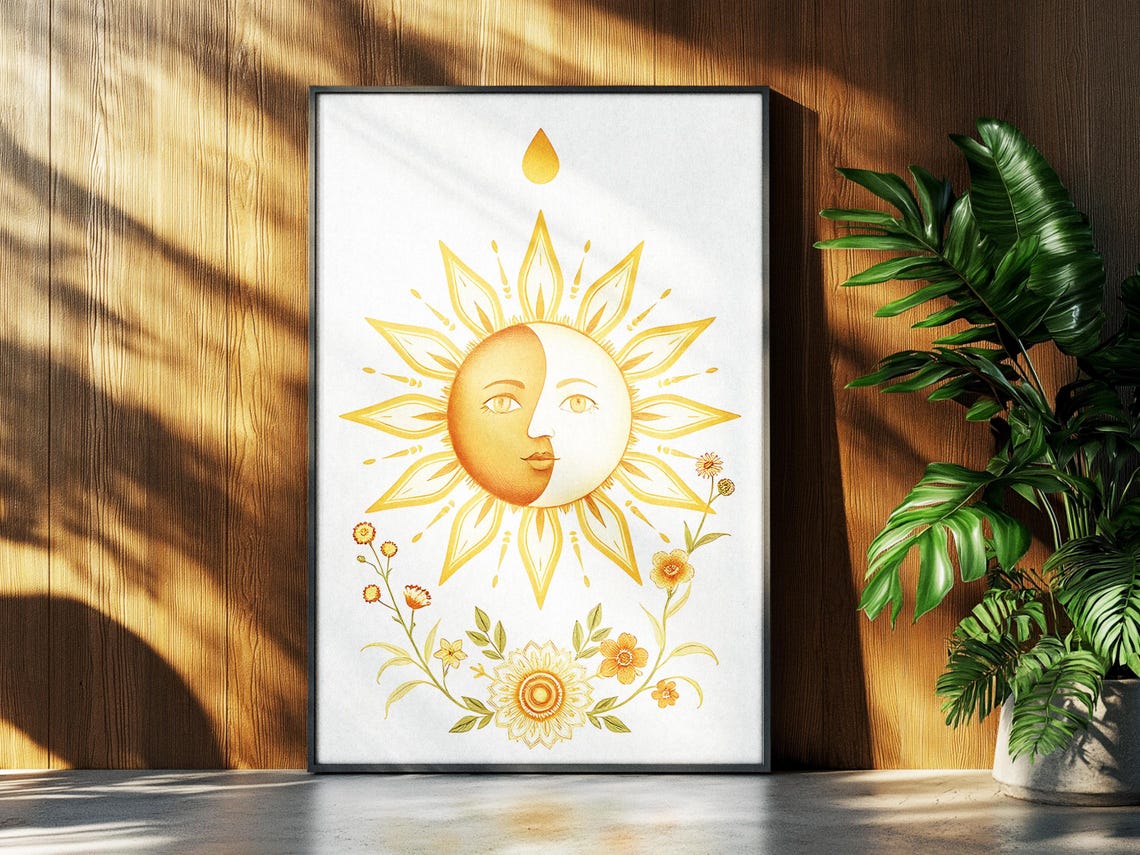 Sun And Moon Split Face Celestial Gold Floral Illustration Art Poster