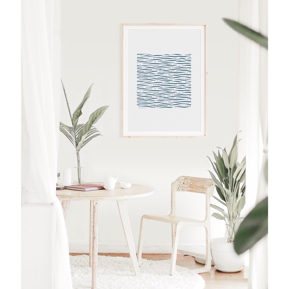 Navy Blue Wavy Line Grid Minimalist Abstract Modern Art Poster - Image 3