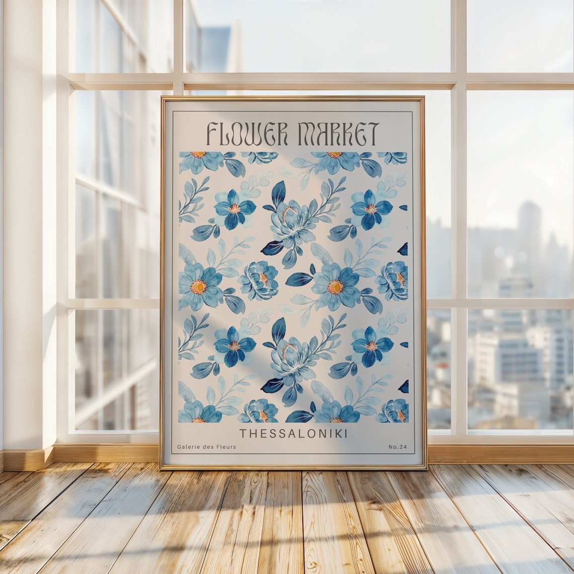 Thessaloniki Flower Market Blue Floral Watercolor Pattern Poster