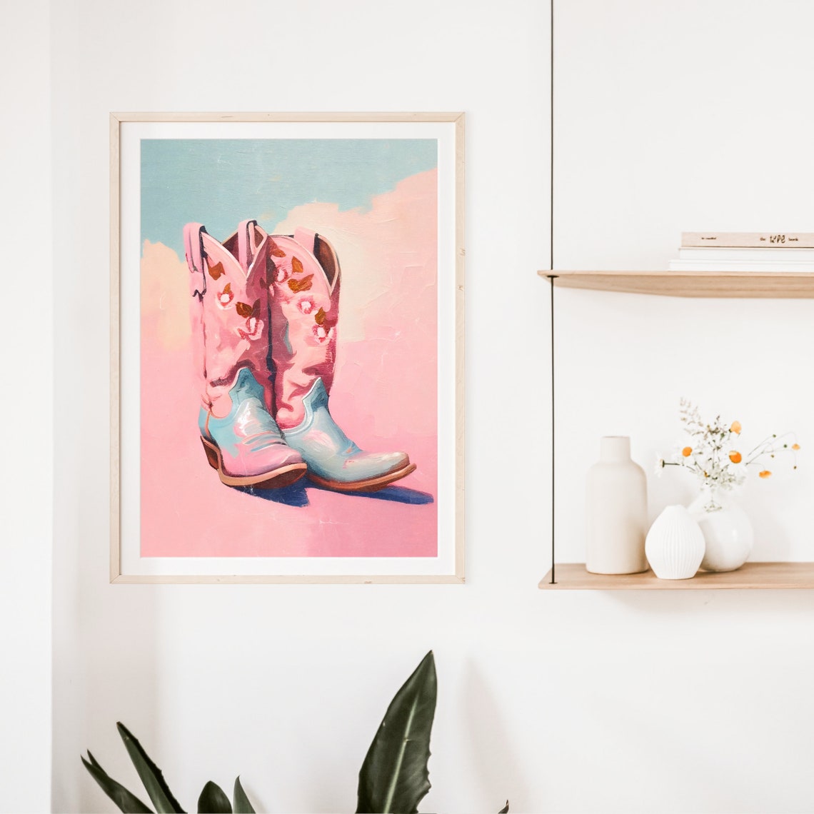 Floral Pink Cowboy Boots With Blue Toes Pastel Western Art Poster - Image 2