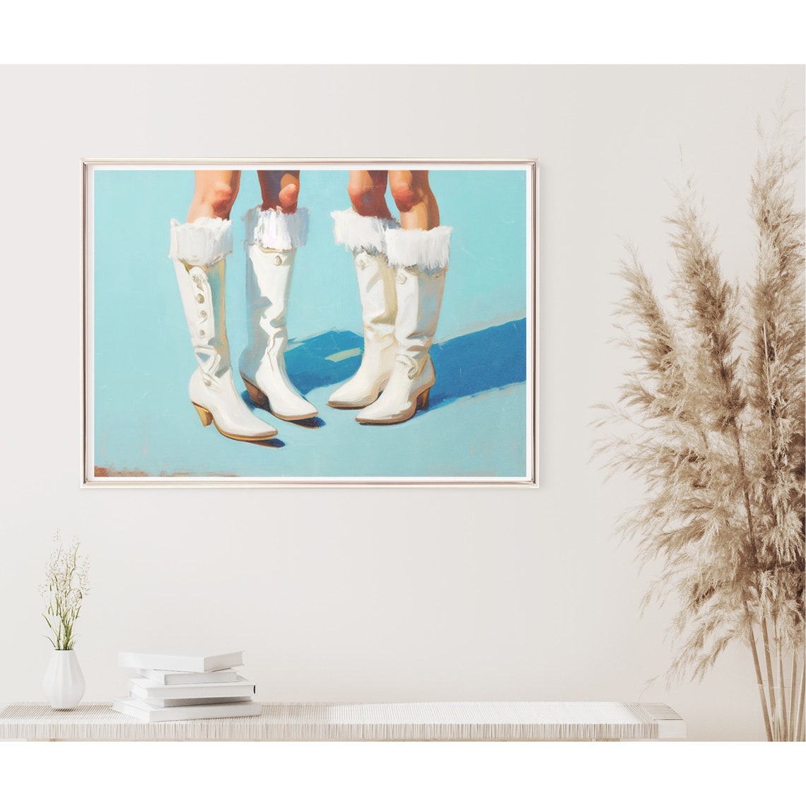 White Frilly Lace Top Cowboy Boots Turquoise Coastal Western Poster