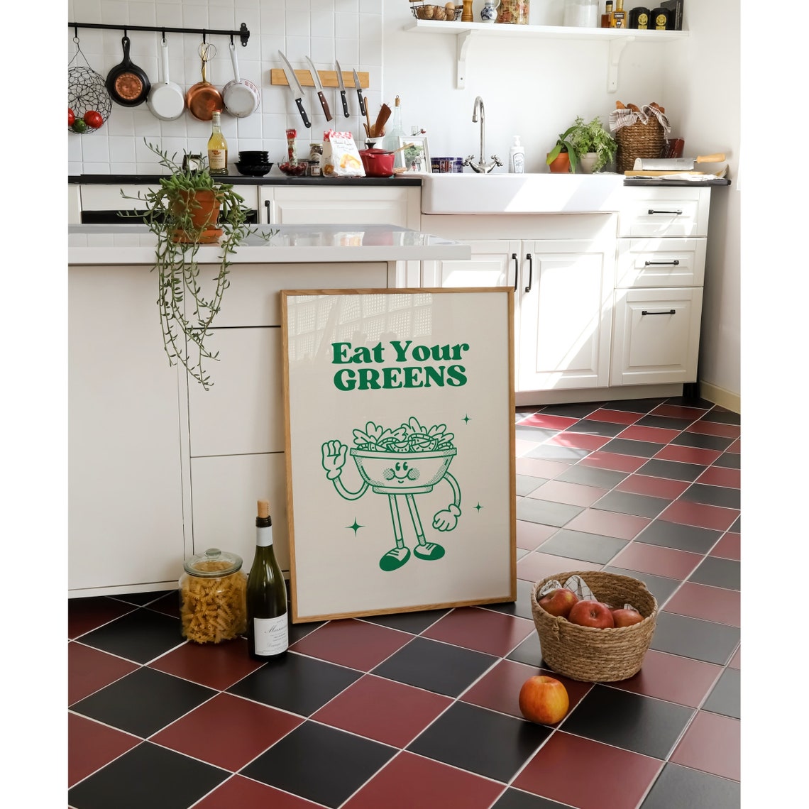 Eat Your Greens Retro Cartoon Salad Bowl Mascot Kitchen Poster - Image 2
