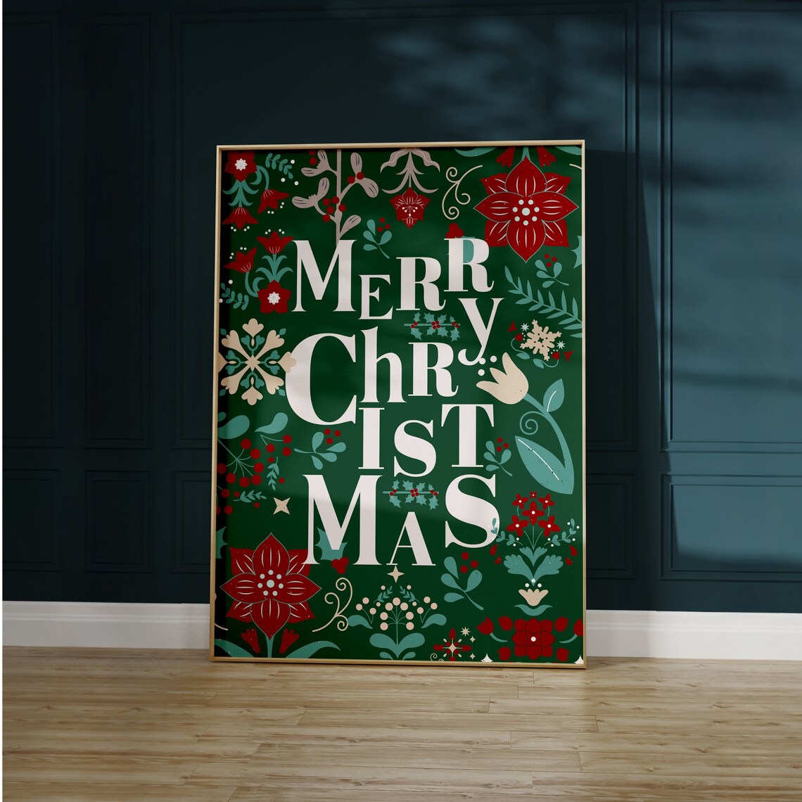 Merry Christmas Floral Typography Green Poinsettia Holiday Poster - Image 3