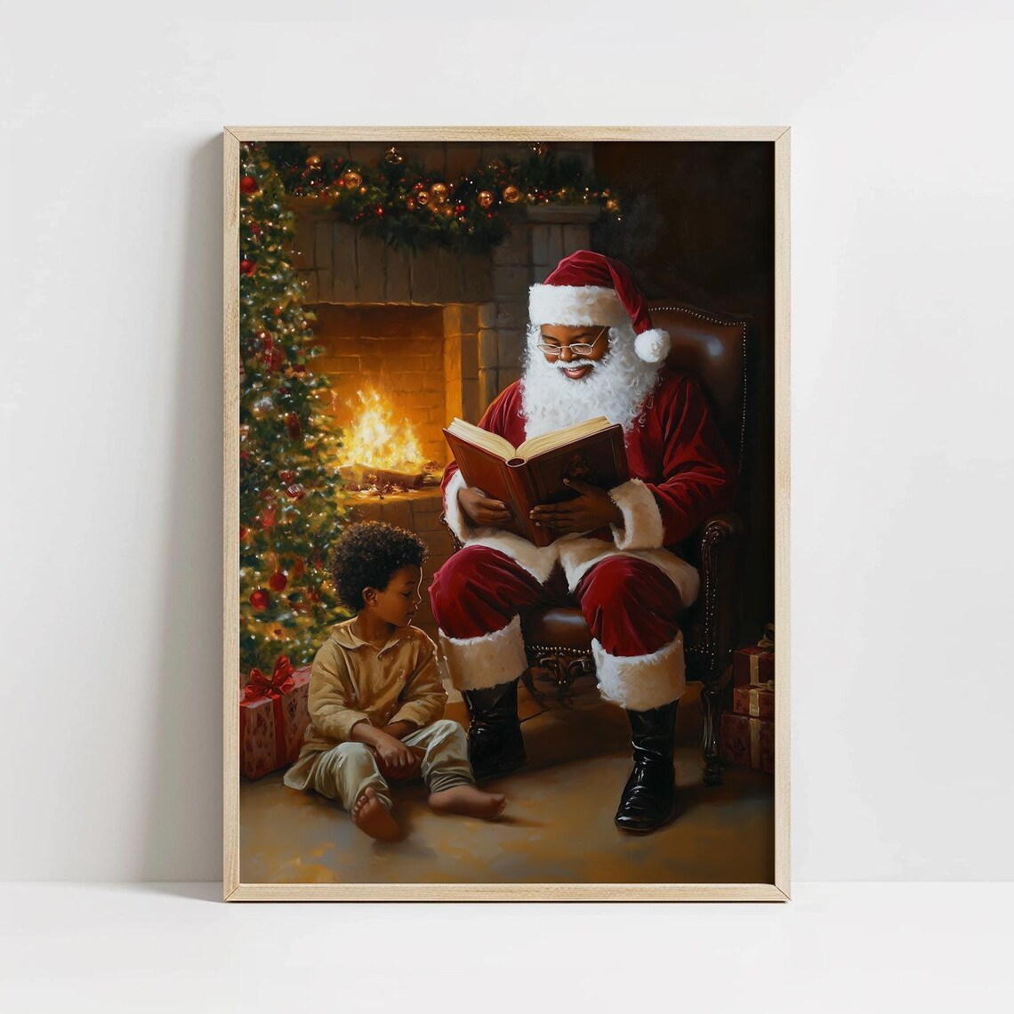 Black Santa Reading To Child By Fireplace Christmas Painting Print