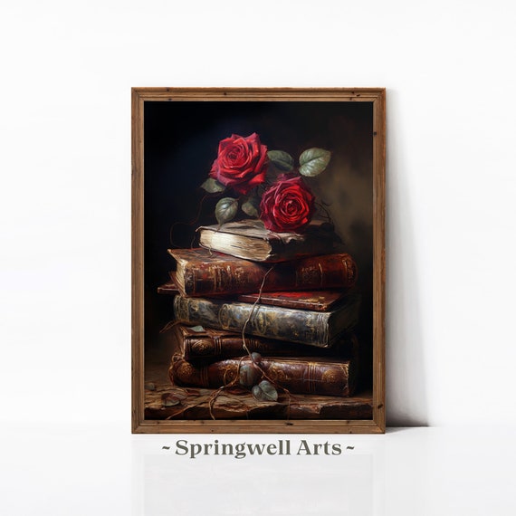 Antique Roses On Books Painting Moody Flower Decor Victorian Botanical Wall Art Vintage Dark Academia Art
