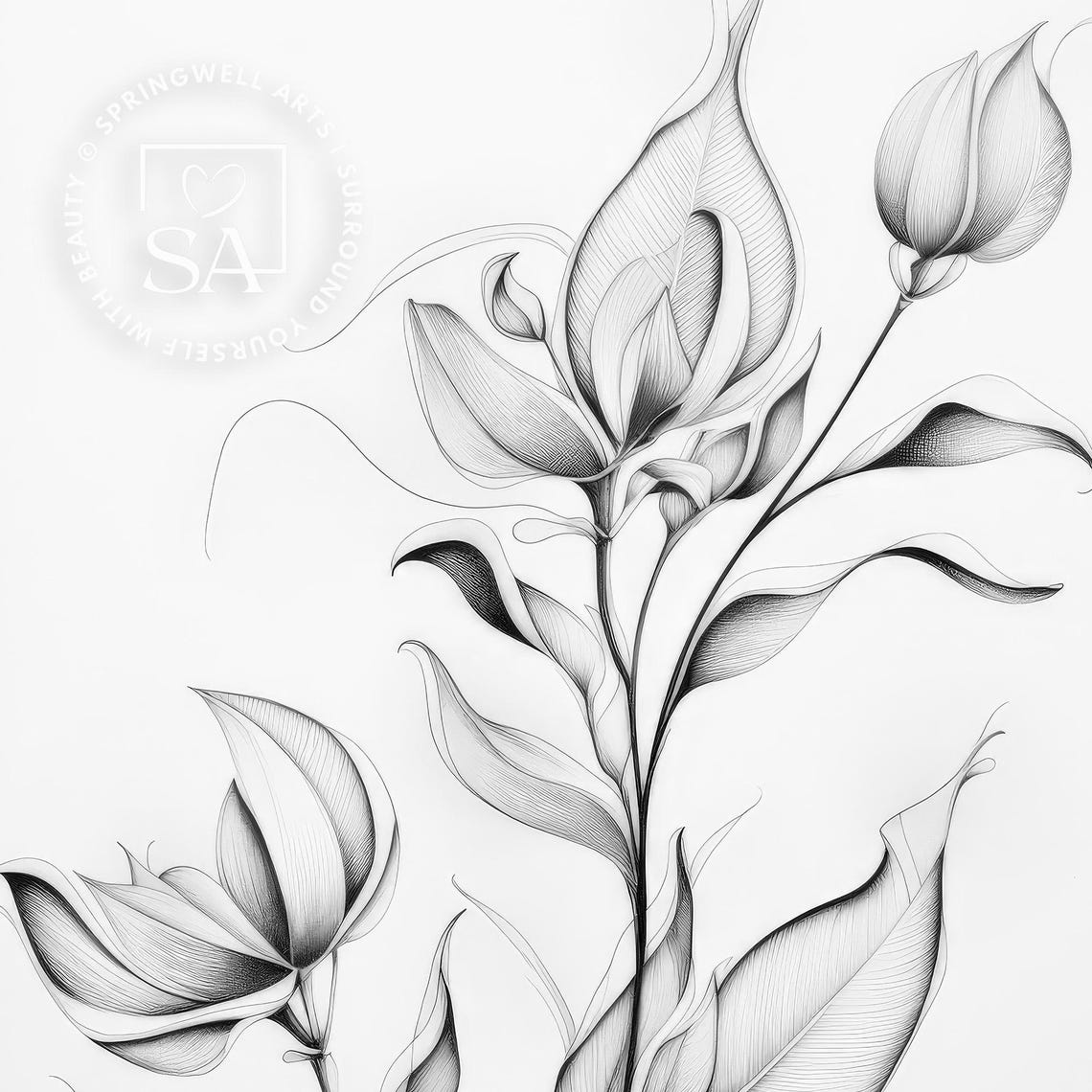 Black And White Botanical Line Drawing Minimalist Floral Ink Poster - Image 5