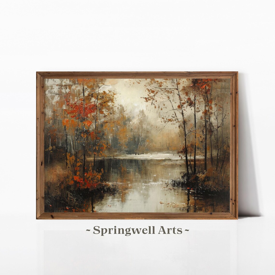 Misty Autumn Lake Red Birch Trees Vintage Fall Woodland Poster