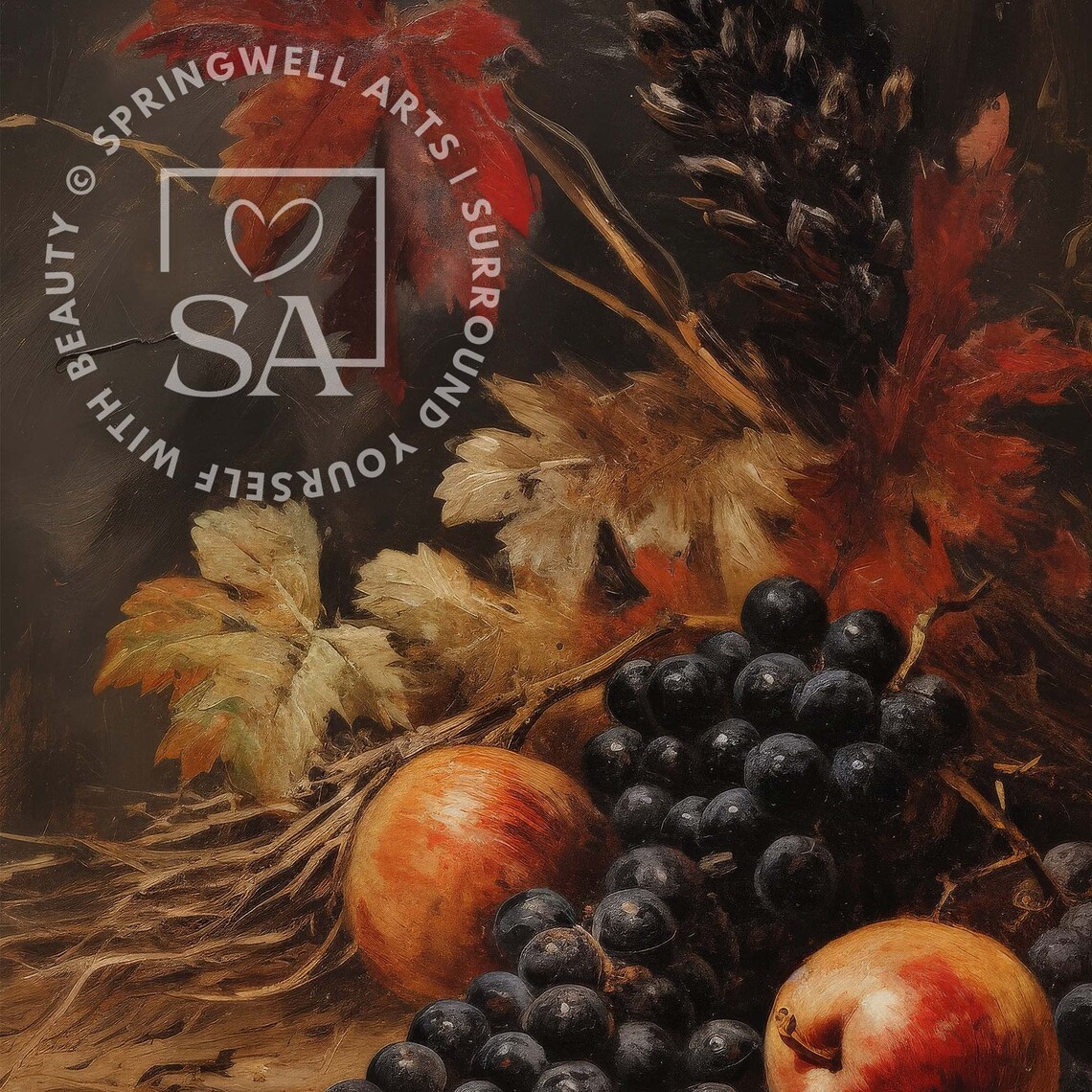 Dark Moody Still Life Grapes Peaches And Autumn Leaves Vintage Poster - Image 5