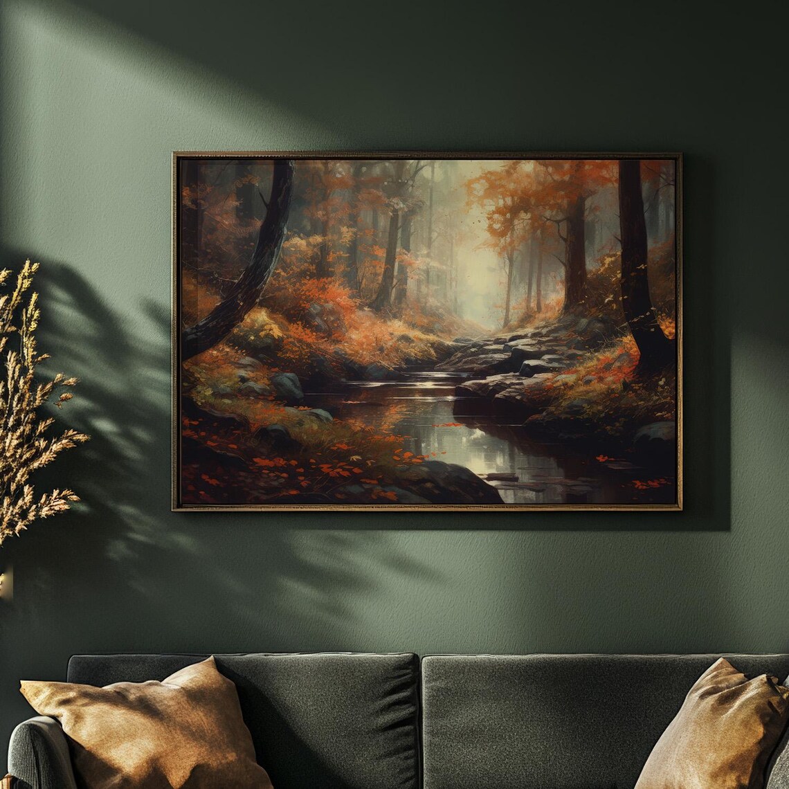 Moody Autumn Forest Stream Red Foliage Vintage Fall Scene Poster - Image 3