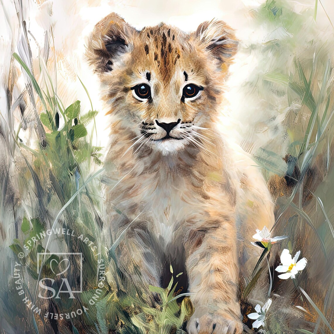 Baby Lion Cub Wildflower Painting Cute Safari Nursery Wall Decor Poster - Image 2