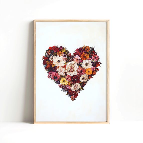 Valentines Day Print Vintage Flower Heart Painting Cute Floral Heart Decor Instant Wall Art Modern Minimalist Poster