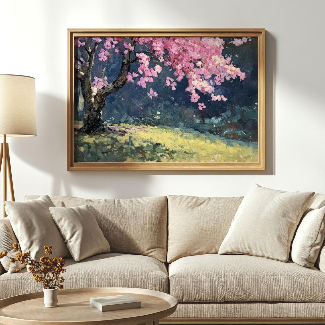 Pink Cherry Blossom Tree Night Scene Blooming Floral Garden Poster - Image 3
