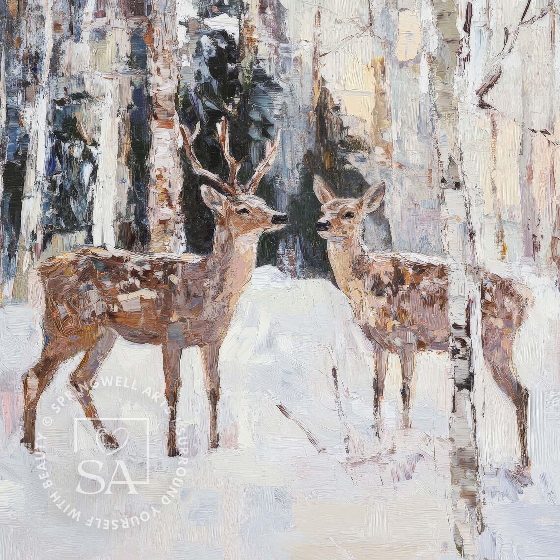 Stag And Doe Snowy Birch Woodland Vintage Winter Wildlife Poster - Image 2