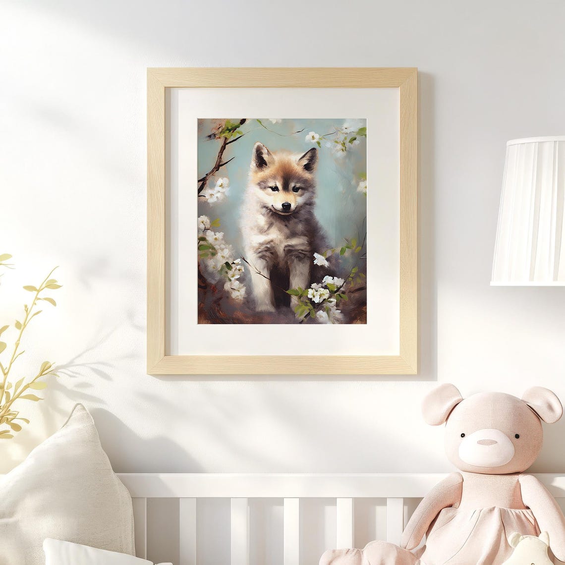 Baby Wolf Pup Blossom Painting Cute Nursery Animal Wall Decor Poster - Image 4