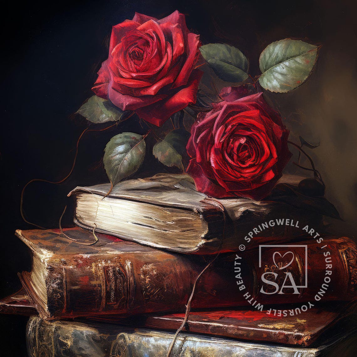 Twin Red Roses Antique Book Stack Moody Vintage Rose Art Poster - Image 5