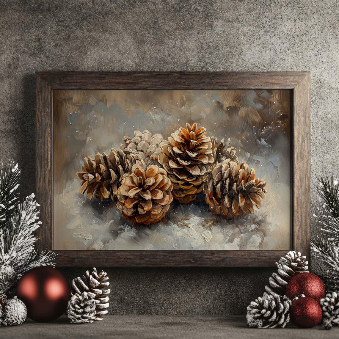 Winter Pinecone Still Life Rustic Snowy Nature Botanical Art Poster - Image 3