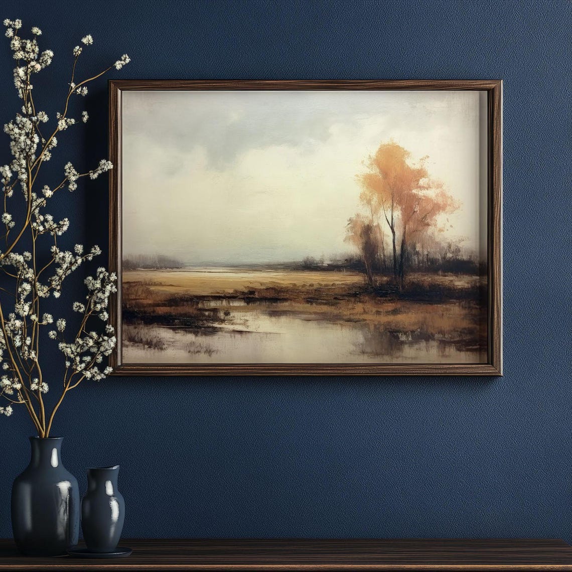 Autumn Lakeshore Lone Orange Tree Impressionist Fall Scenery Poster - Image 2