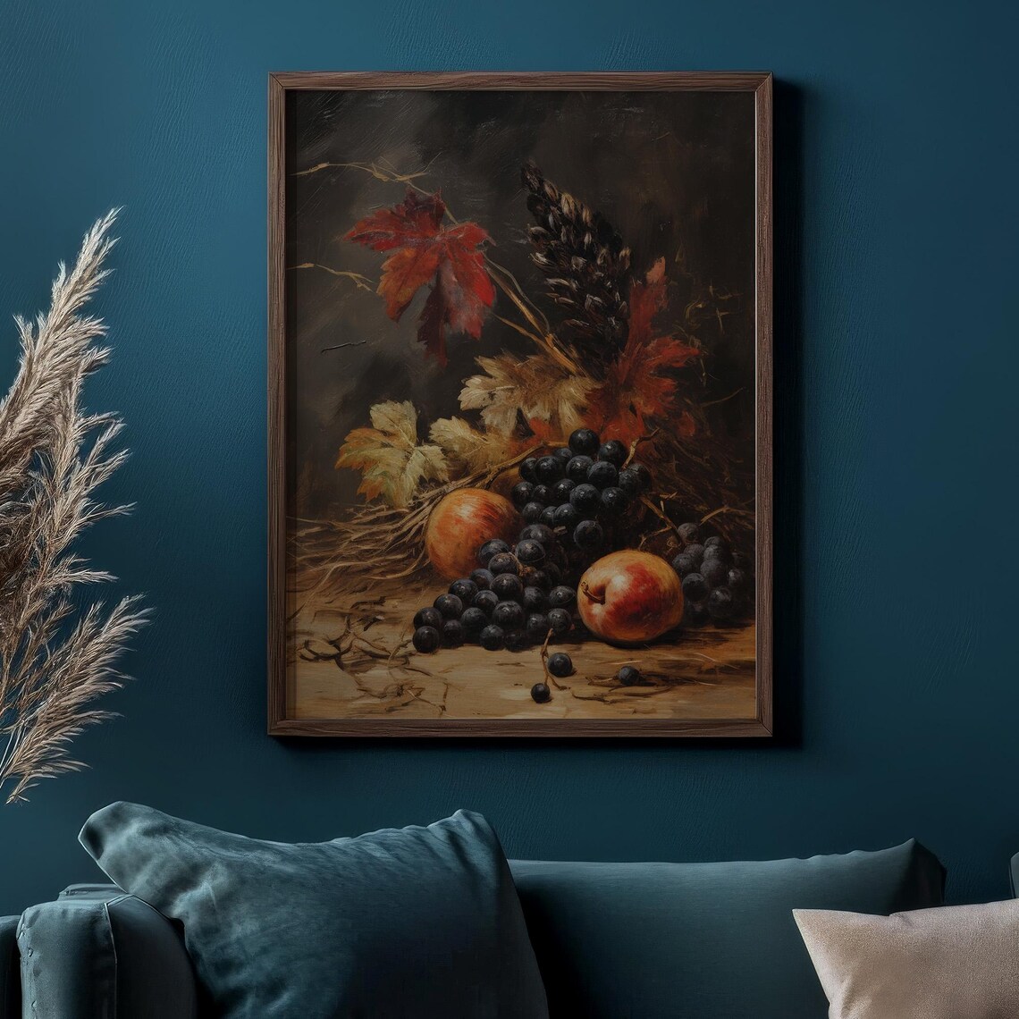Dark Moody Still Life Grapes Peaches And Autumn Leaves Vintage Poster - Image 2