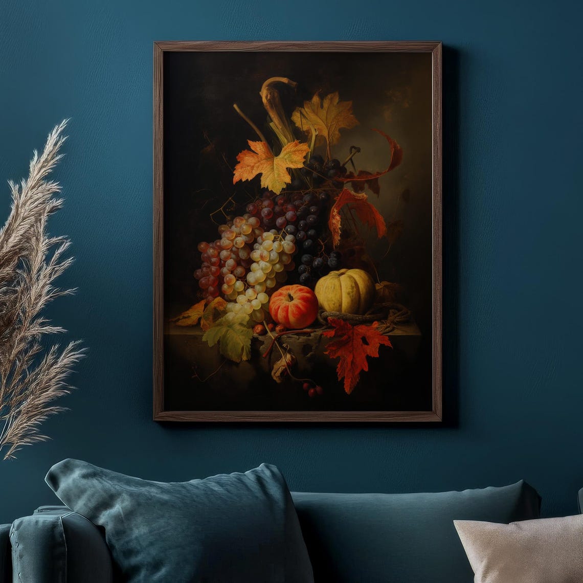 Fall Harvest Still Life Grapes Pumpkin Gourd Autumn Leaves Poster - Image 2