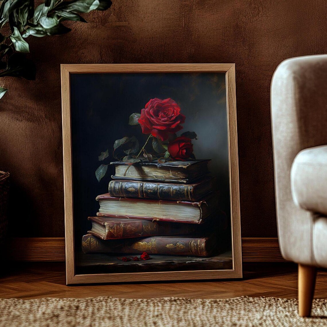 Red Roses On Antique Books Dark Academia Romantic Flower Art Poster - Image 3
