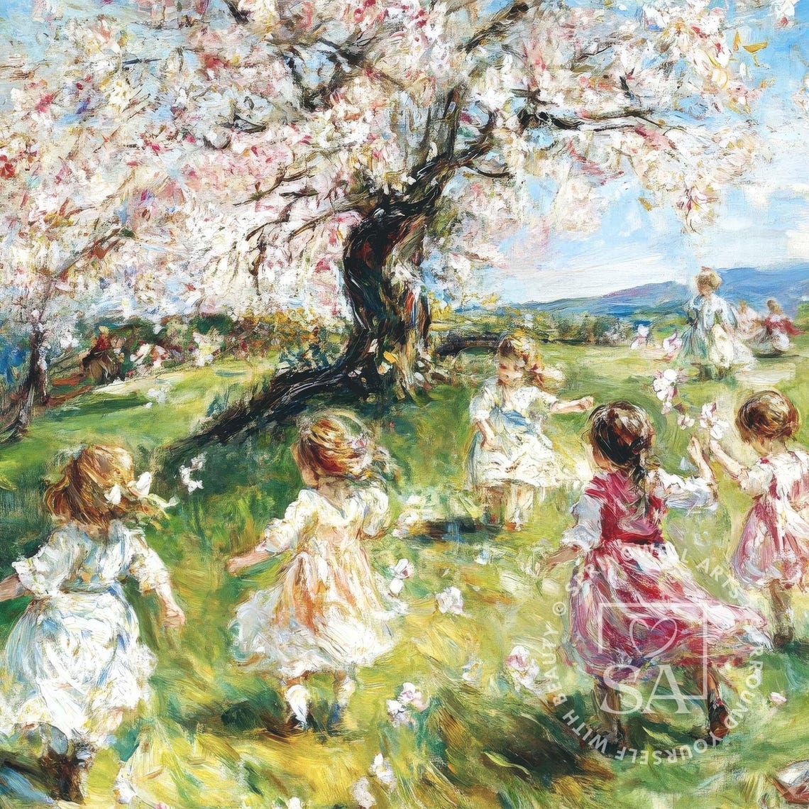 Children Dancing Under Blossom Tree Impressionist Painting Wall Poster - Image 4