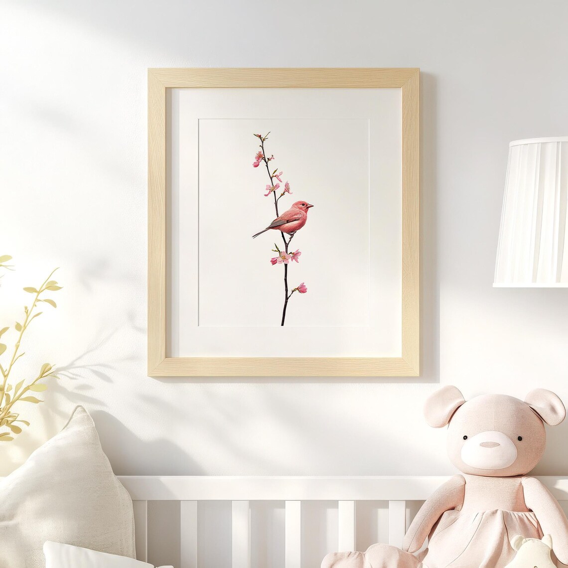 Pink Songbird on Blossoming Branch Minimalist Floral Nature Wall Art - Image 3
