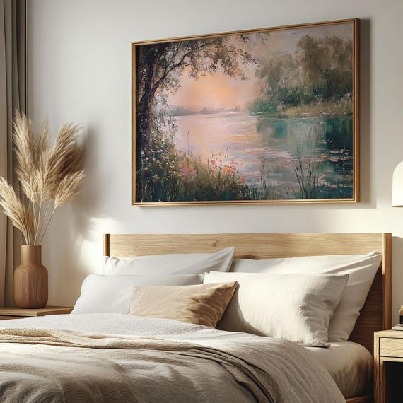 Spring Pastel Landscape, Tranquil Lake Scenery