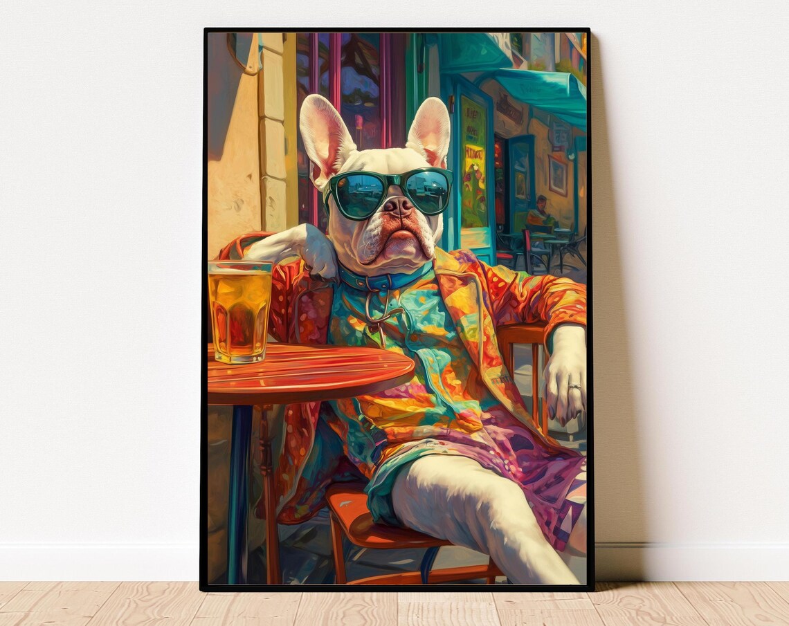 French Bulldog In Sunglasses Enjoying A Beer At A Sidewalk Cafe Poster