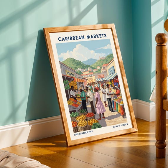 Portauprince Market Poster Vintage Caribbean Travel Art