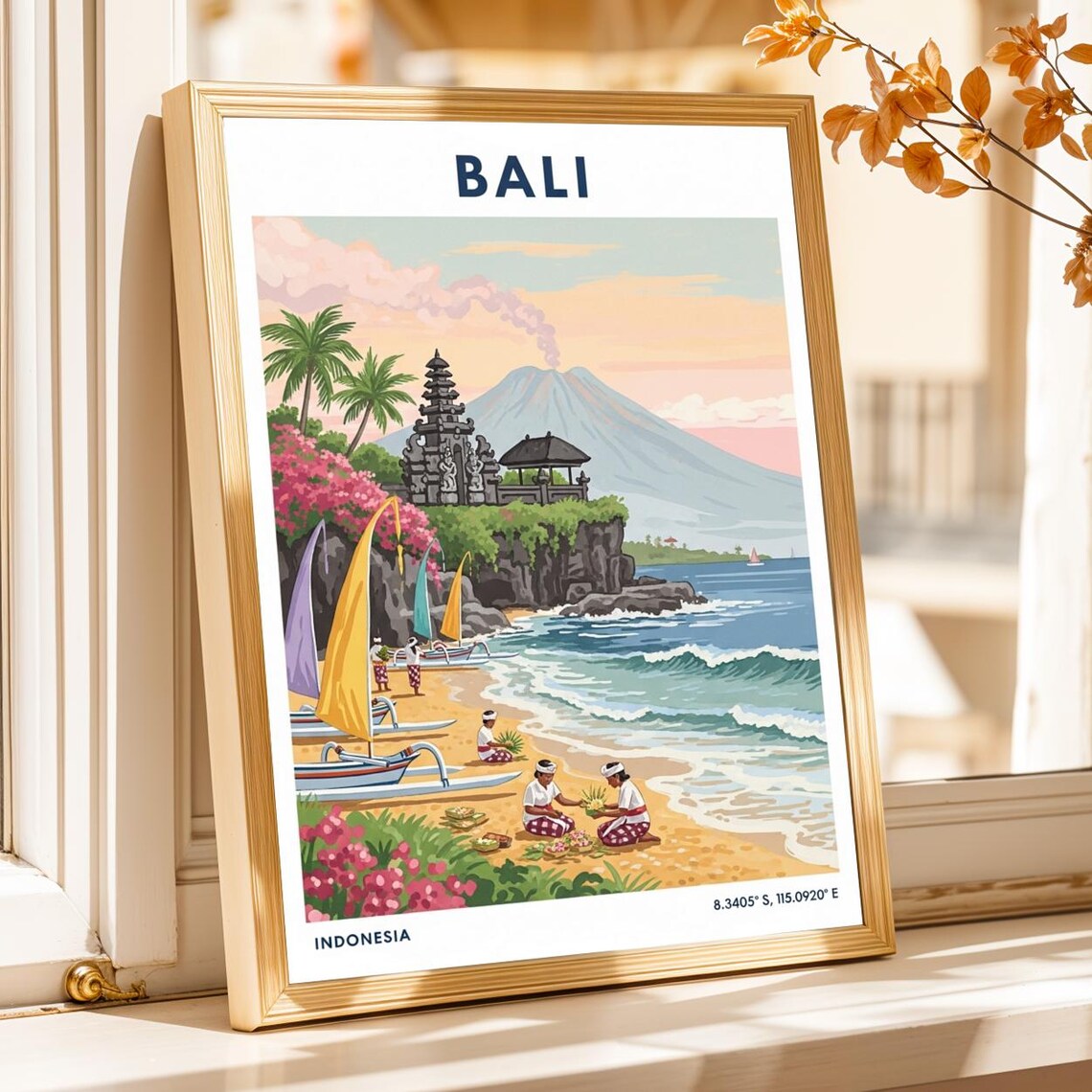 Bali Indonesia Temple Beach Volcano Outrigger Boats Travel Poster