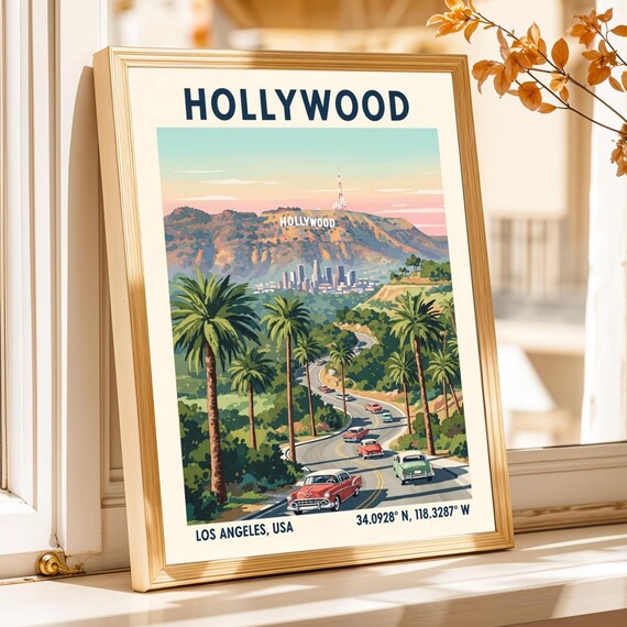 Hollywood Los Angeles Sign Palm Trees Vintage Cars Travel Poster
