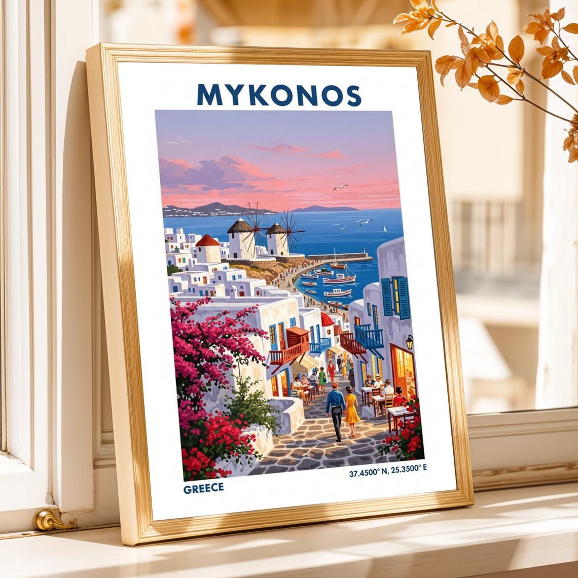 Mykonos Windmills Sunset Harbor Vintage Greek Island Travel Poster