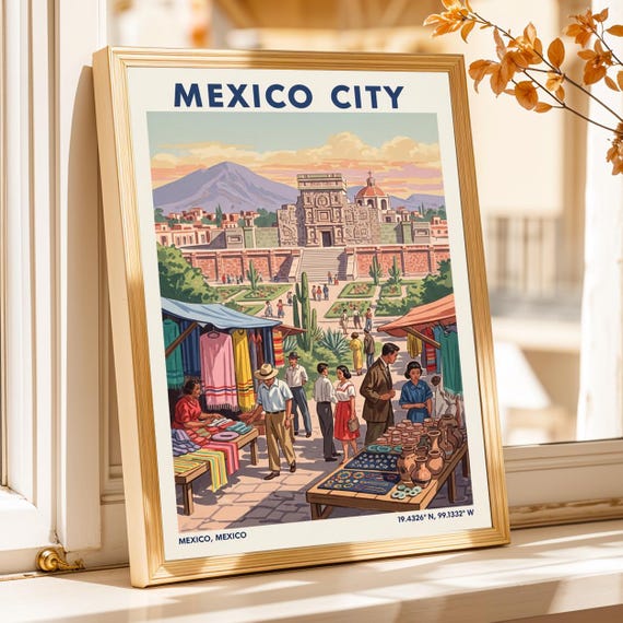 Mexico City Market Poster Vintage Gouache Travel Art Print
