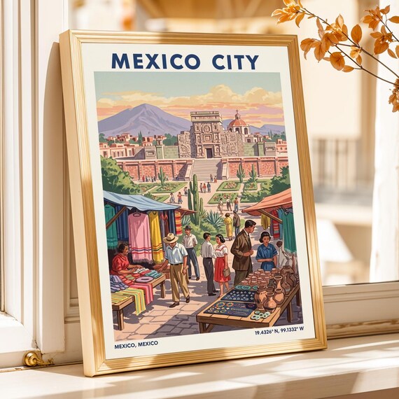 Mexico City Vintage Market Plaza Volcano Mexican Travel Art Poster