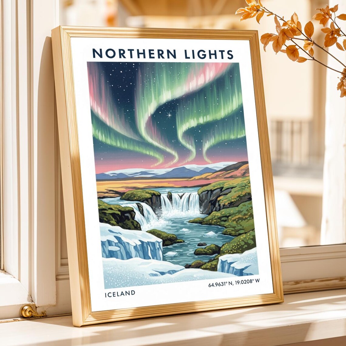 Northern Lights Iceland Aurora Borealis Waterfall Travel Poster