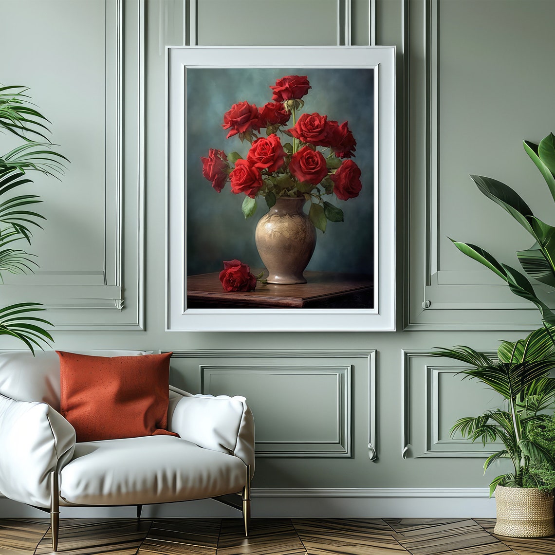 Red Roses Gold Vase Painting Classic Still Life Romance Wall Art - Image 5