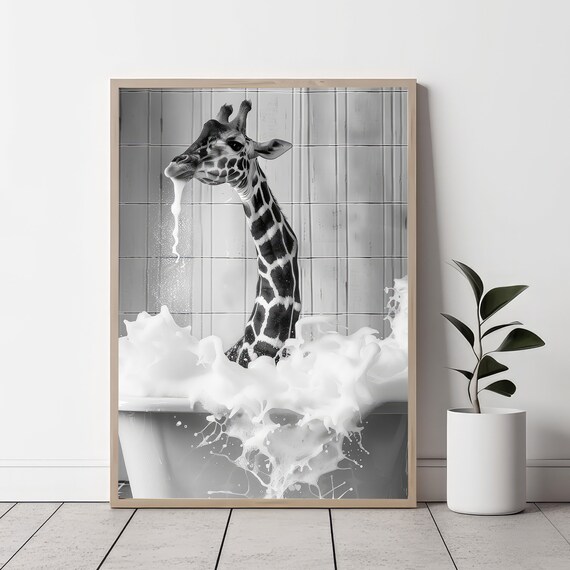 Baby Giraffe In Bubble Bath Splashing Black White Animal Poster