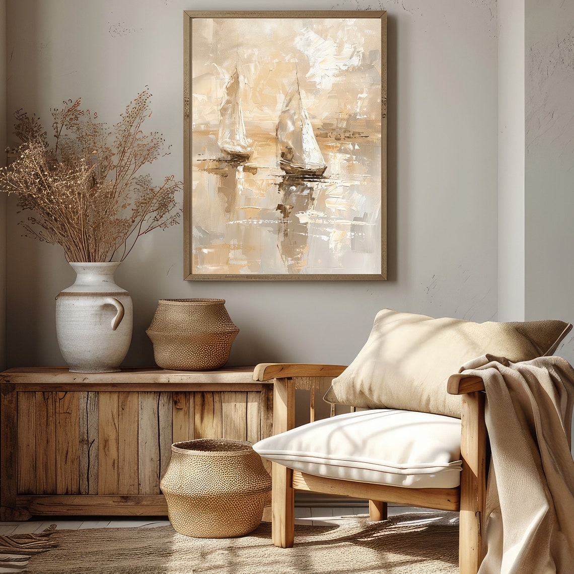Serene Warm Abstract Gold Sailboats Gliding On Calm Water Poster - Image 2