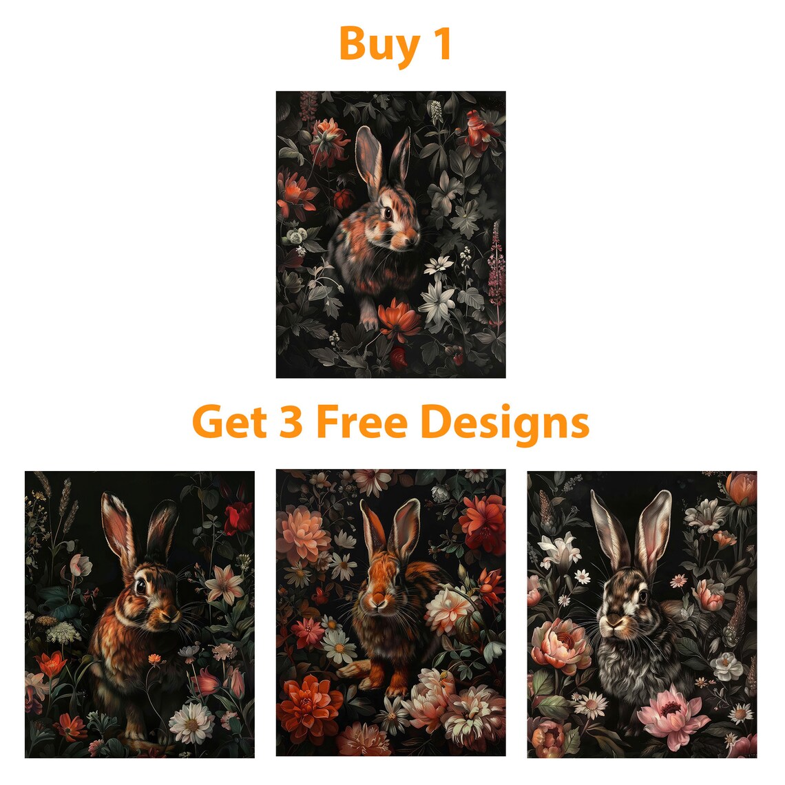 Woodland Rabbit Among Red Blooms Dark Floral Botanical Art Poster - Image 6