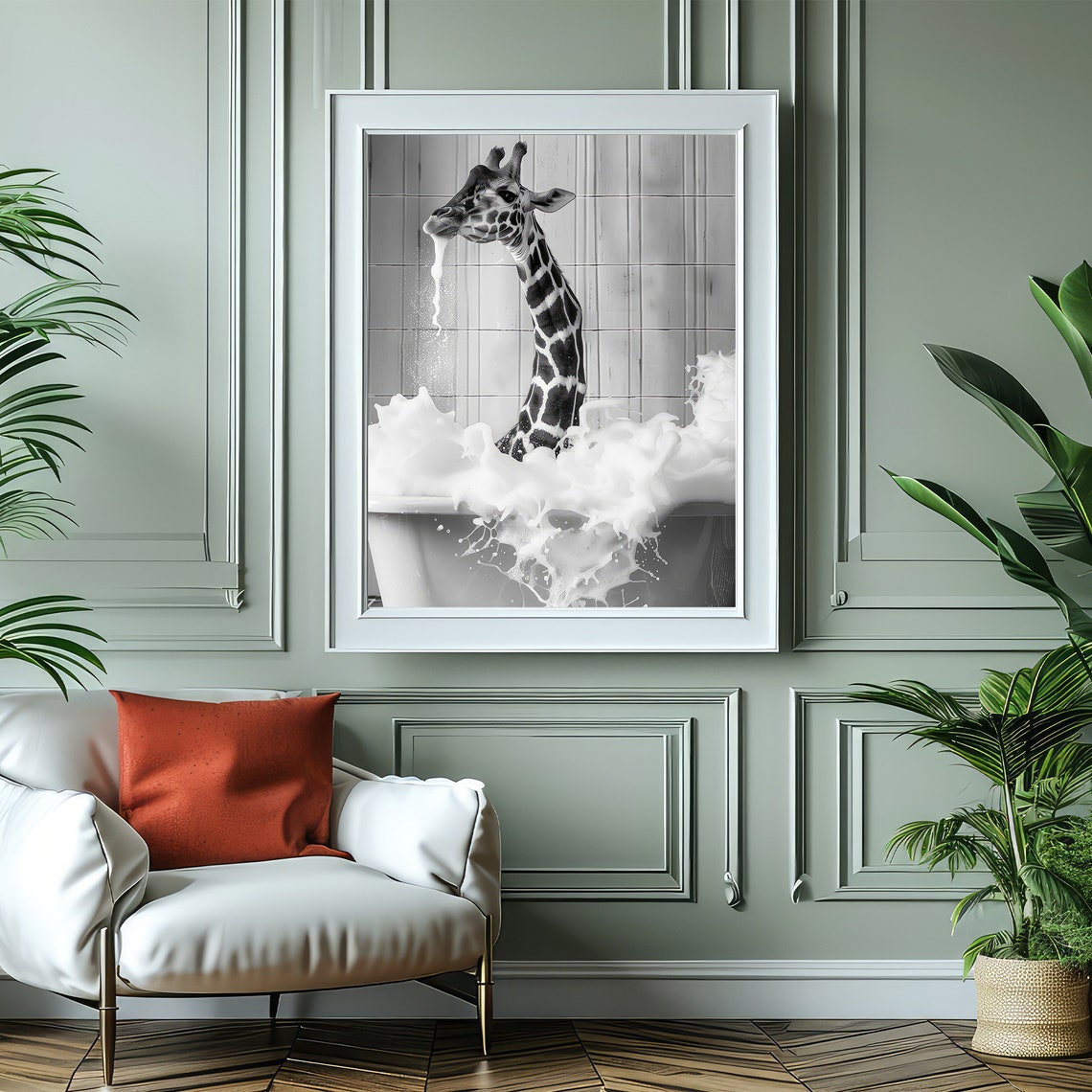 Baby Giraffe In Bubble Bath Splashing Black White Animal Poster - Image 4