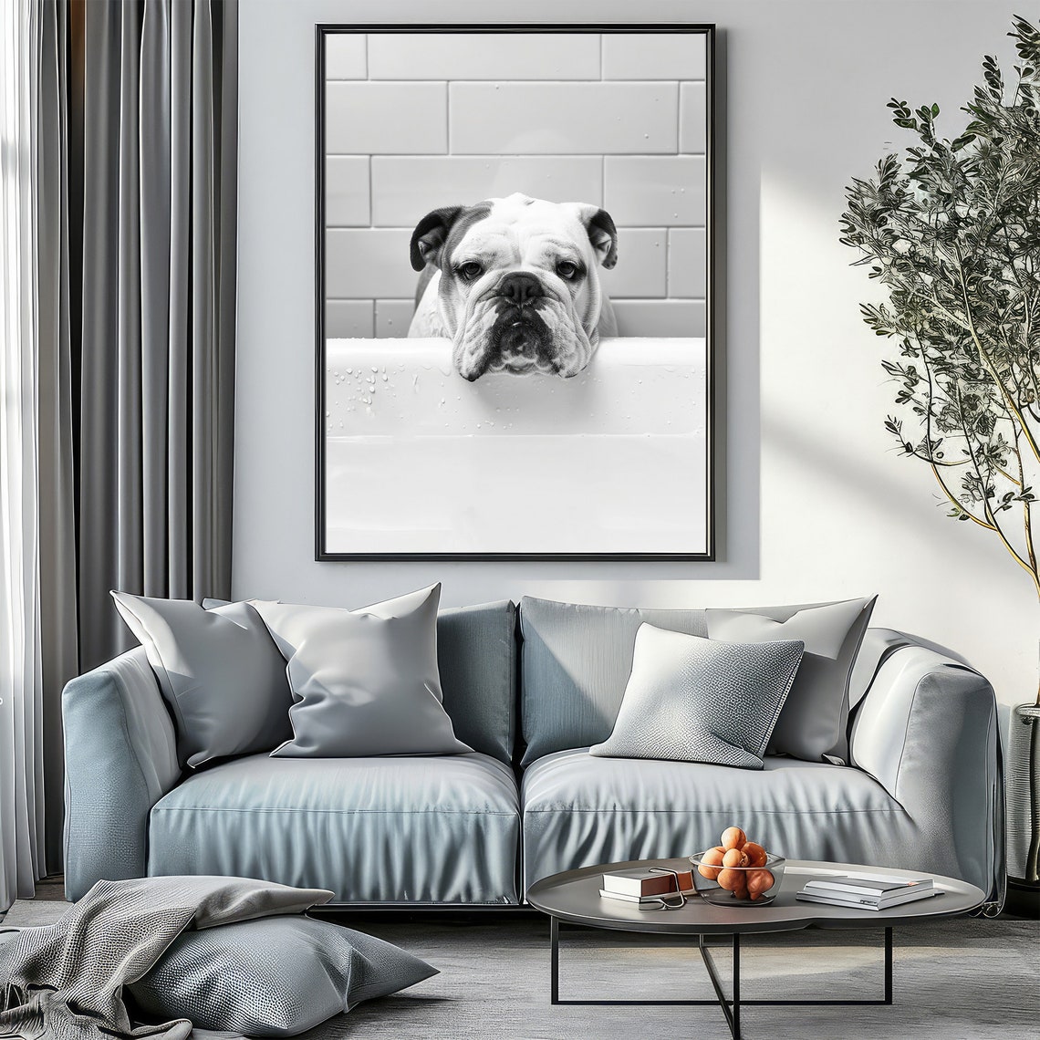 English Bulldog Resting Chin On Bathtub Black White Dog Poster - Image 3