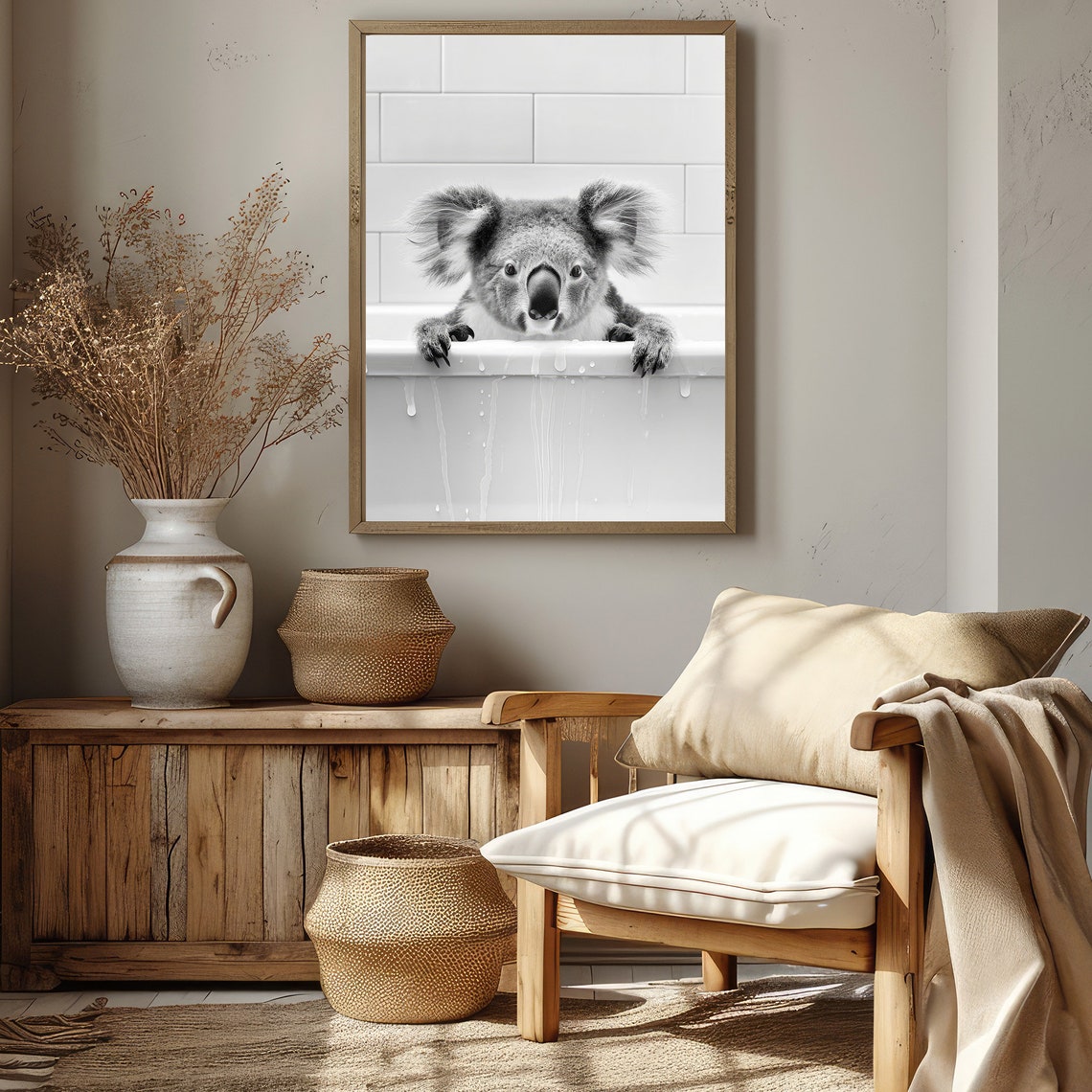 Adorable Koala Peeking Over Bathtub Black And White Nursery Poster - Image 3