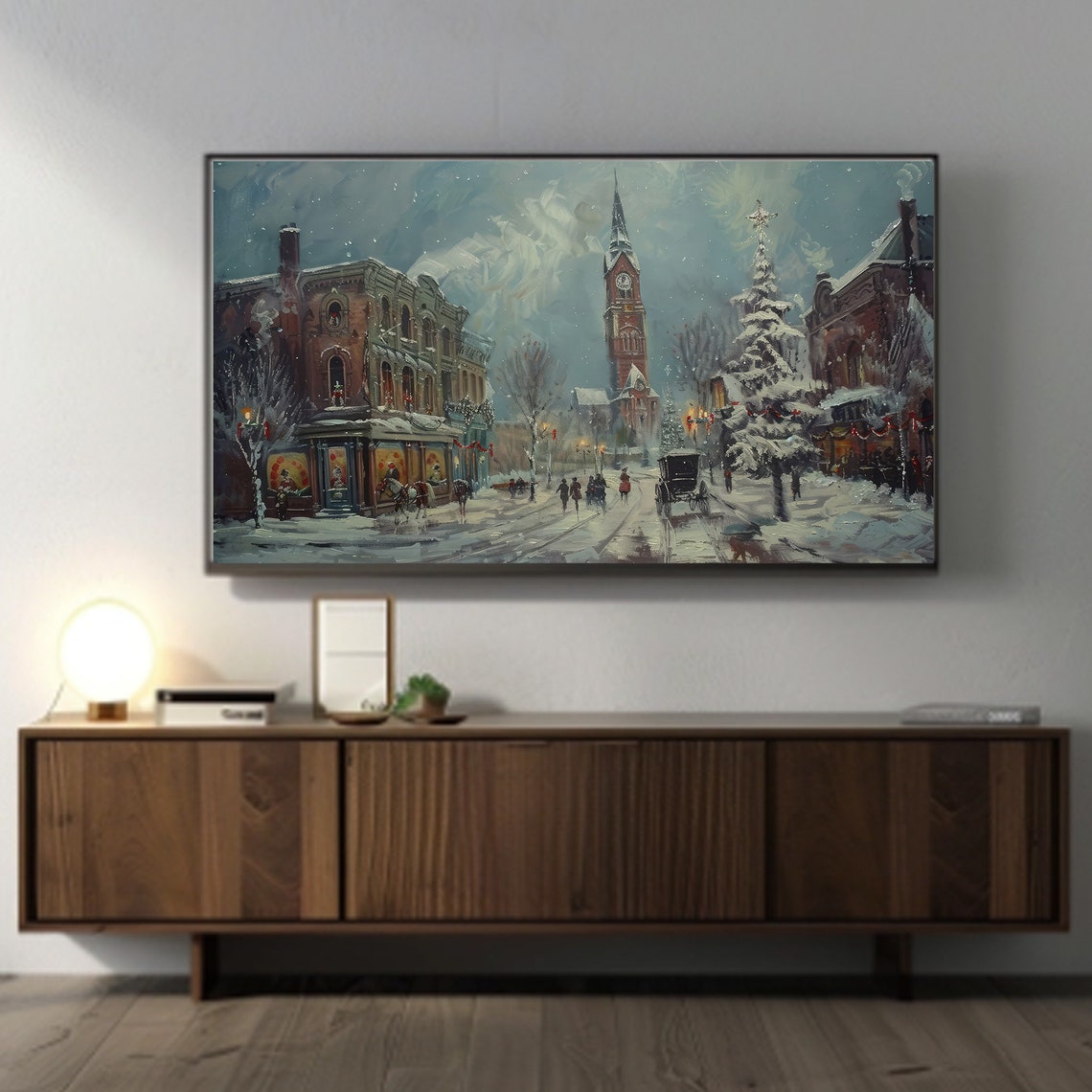 Snowy Vintage Christmas Village Street With Horse Carriages Poster - Image 3