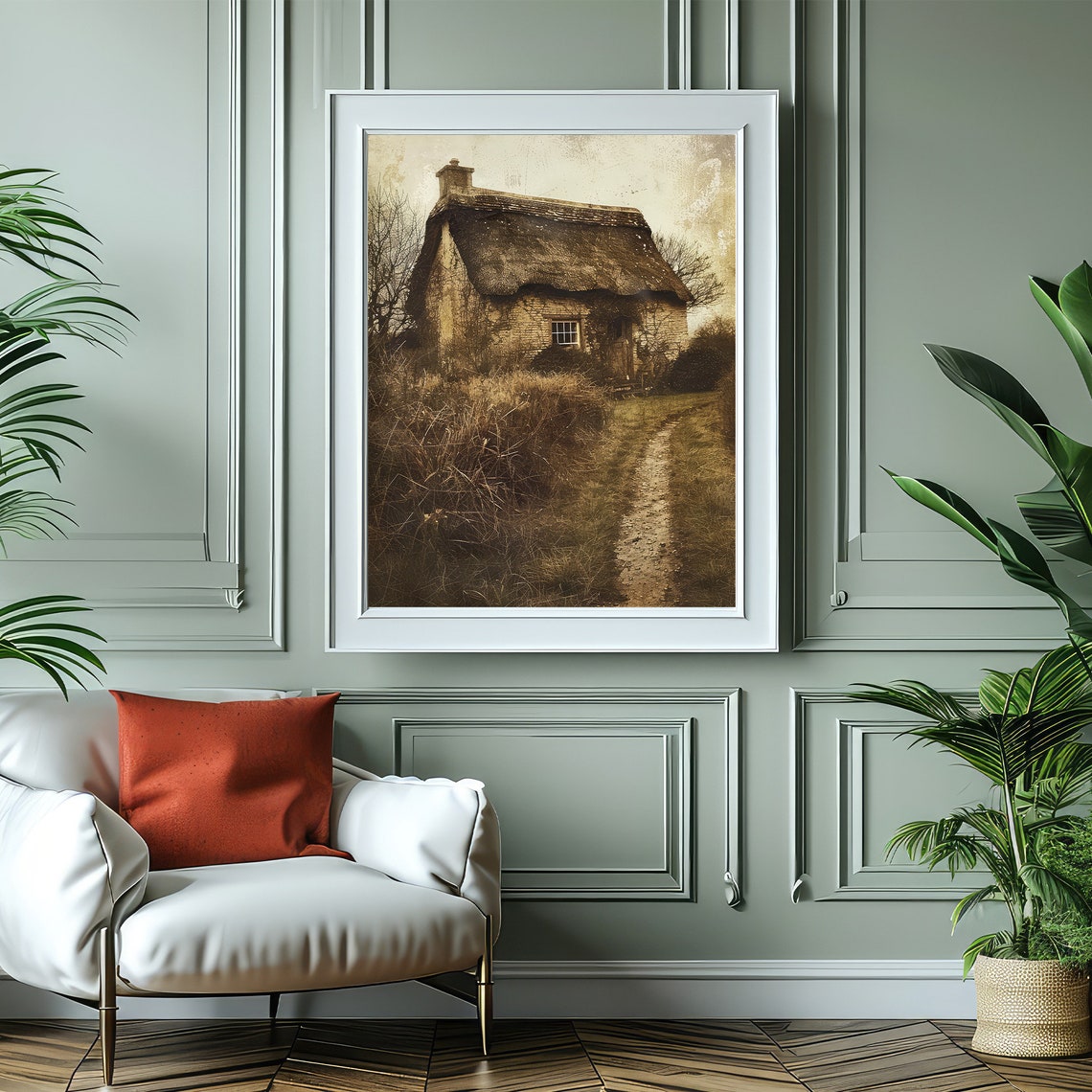 Vintage Sepia Thatched Cottage Countryside Path Photo Art Poster - Image 4