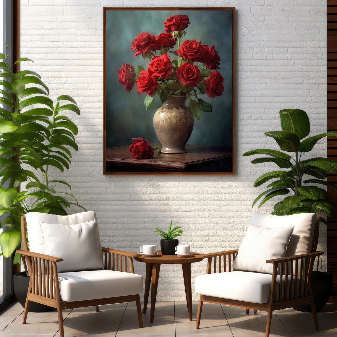 Red Roses Gold Vase Painting Classic Still Life Romance Wall Art - Image 2
